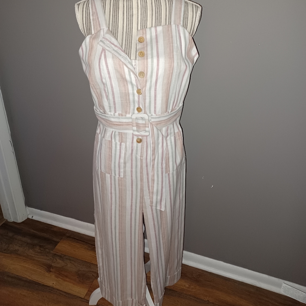 Stripped, single strapped jumpsuit, ankle length, cuffed legs, belt, pockets MED - Picture 2 of 6